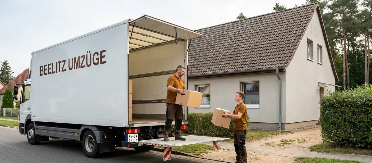 Umzugswagen steht mit geöffneter Ladebordwand vor einem Wohnhaus, zwei Helfer laden Kartons ein
