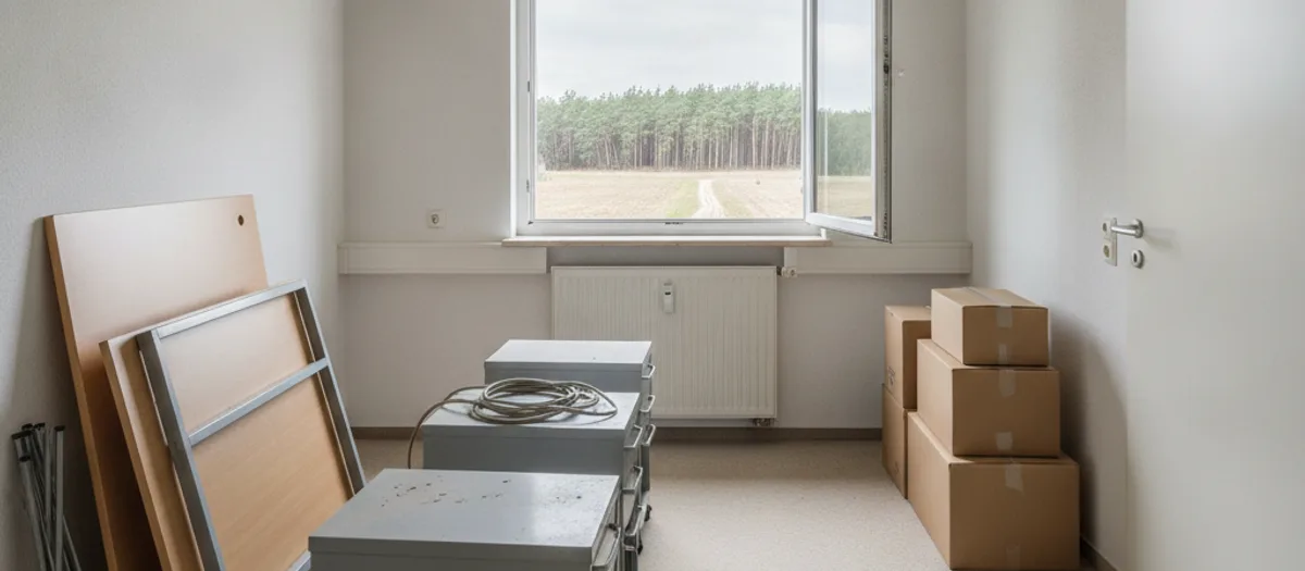 Rollcontainer und zerlegte Schreibtische stehen abholbereit im leeren Büro