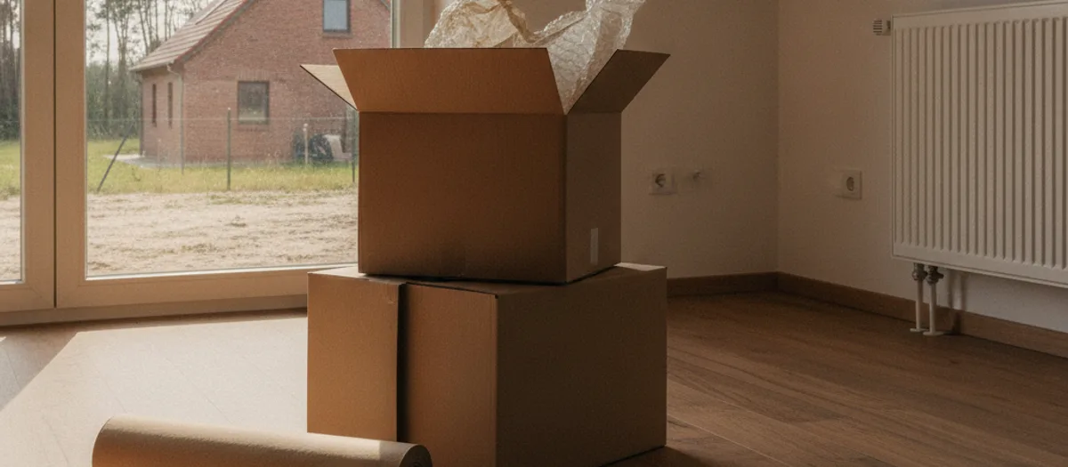 Gestapelte Umzugskartons neben Packpapier und Polsterfolie