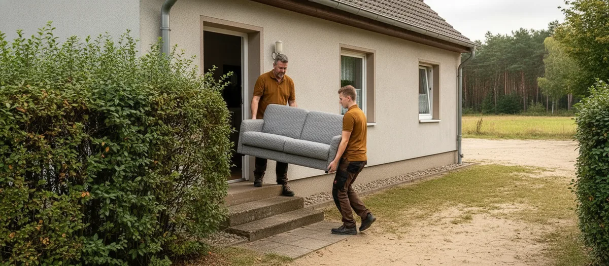 Zwei Umzugshelfer tragen ein Sofa aus der Haustür eines Einfamilienhauses