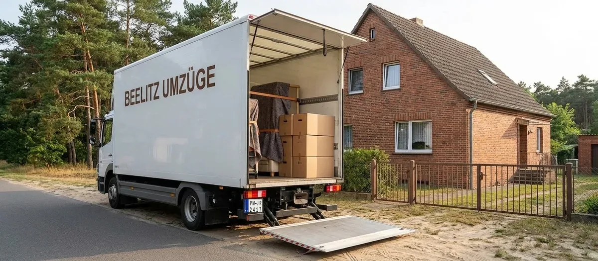 Beladener Umzugs-LKW mit geöffneter Ladebordwand vor einem Wohnhaus
