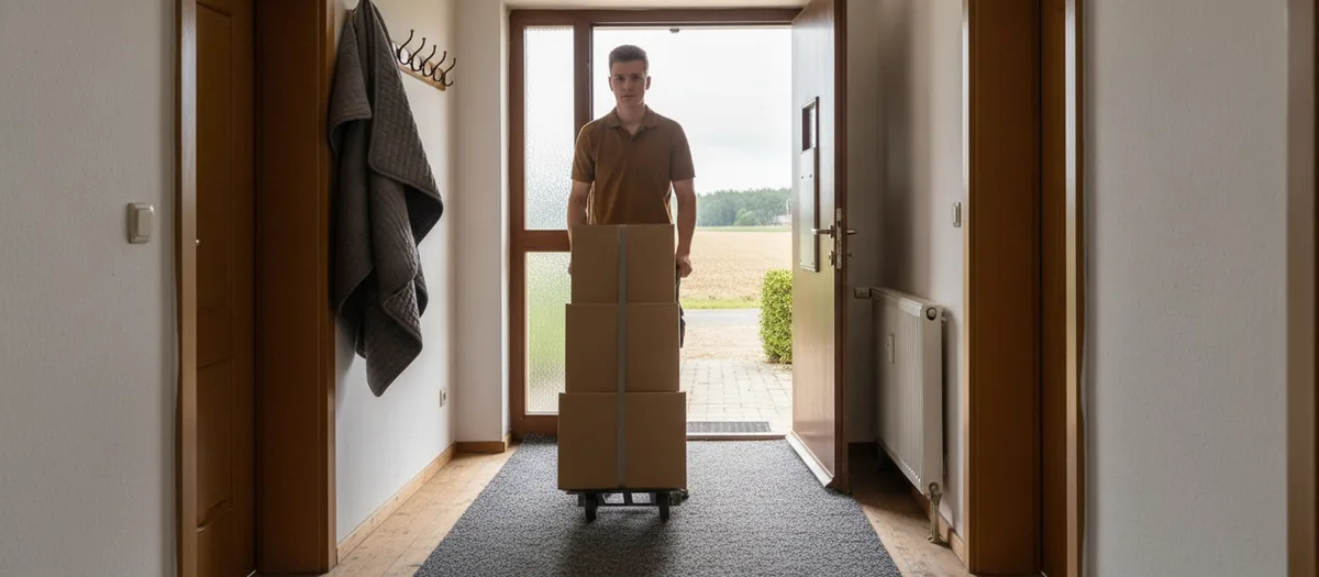 Umzugshelfer schiebt eine Sackkarre mit gestapelten Kartons über eine abgedeckte Diele