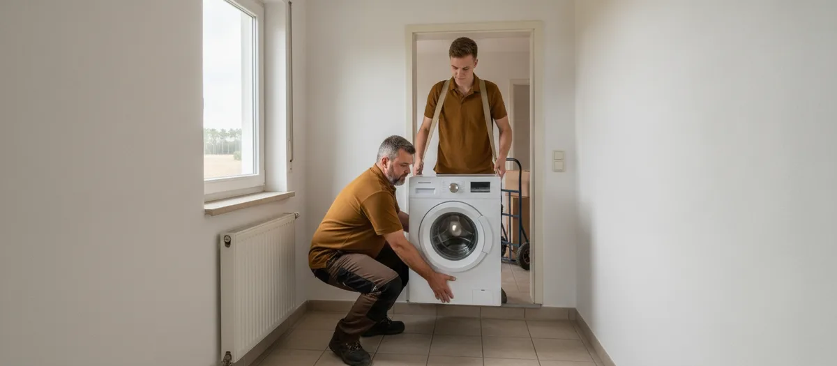 Zwei Umzugshelfer in Arbeitskleidung heben gemeinsam eine Waschmaschine an